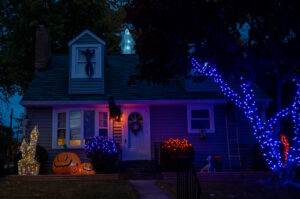 House at Night with Halloween decorations